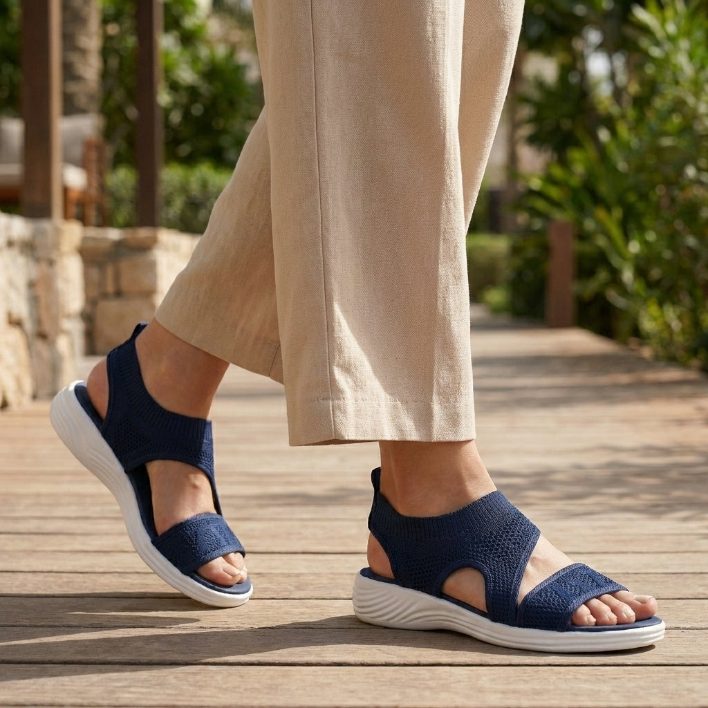 Orthopedic Textured Knit Fish-Mouth Sandals with Contoured Platform Sole