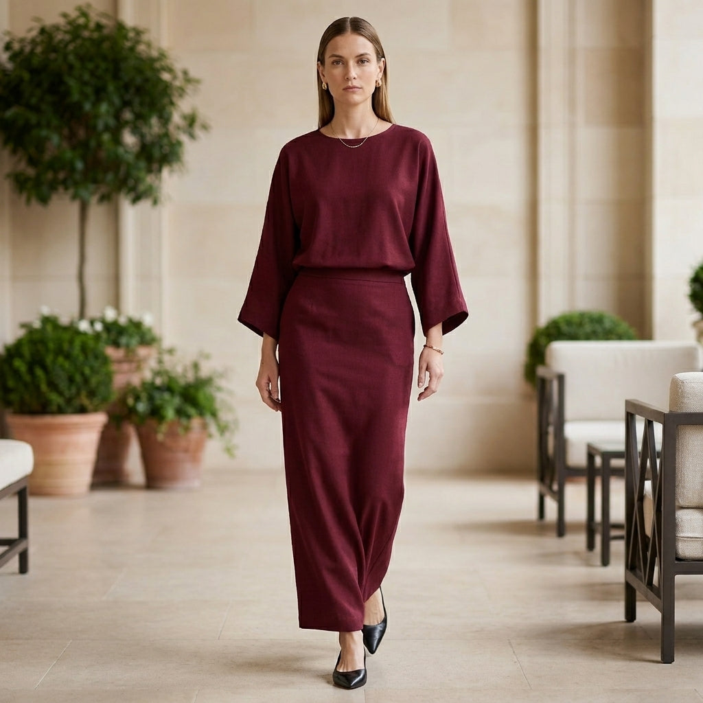 Two-Piece Textured Woven Skirt Suit with Draped High-Waist Silhouette