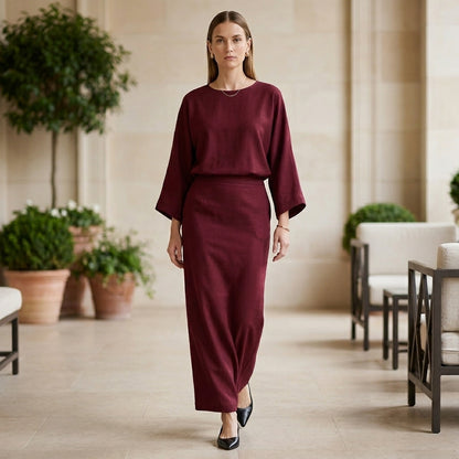Two-Piece Textured Woven Skirt Suit with Draped High-Waist Silhouette