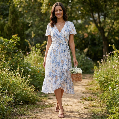 Romantic Floral Wrap Midi Dress with Ruffle Hem