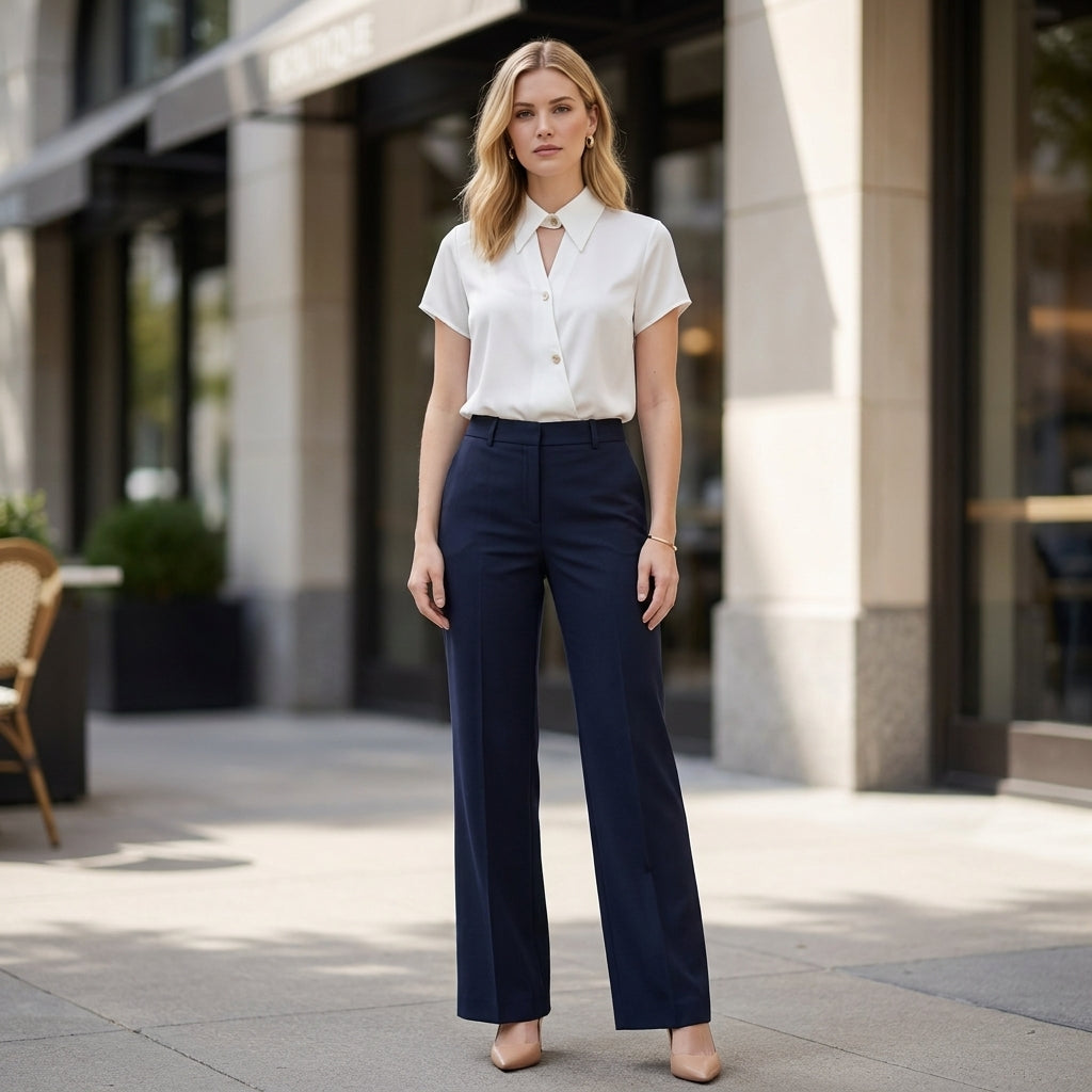 Relaxed Fit Lapel Blouse with Keyhole Neckline and Gold Buttons