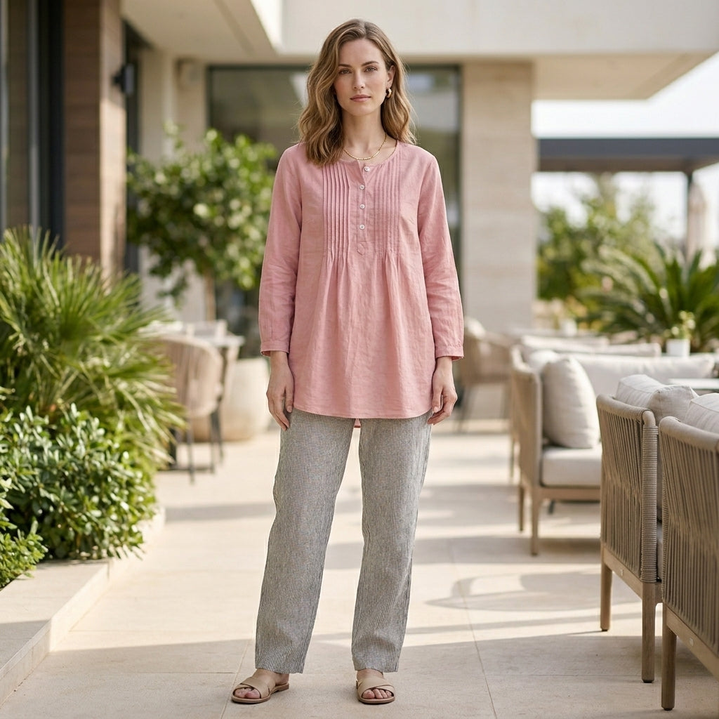 Relaxed Oversized Long-Sleeve Shirt with Pin-Tuck Pleat Detail