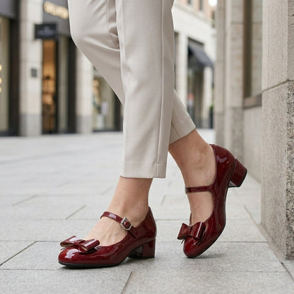 Glossy Bow Accent Mary Jane Heels with Elegant Feminine Silhouette