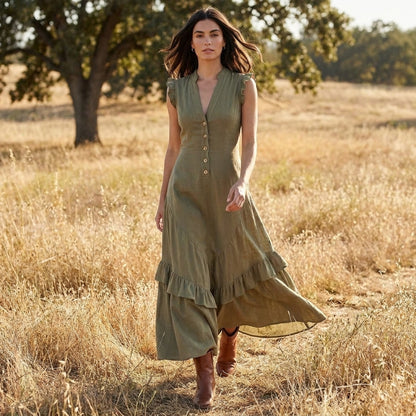 Ruffle Sleeve Button Front Midi Dress with Tiered Hem
