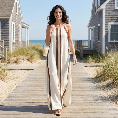 Flowing Stripe Detail Maxi Dress with Spaghetti Straps