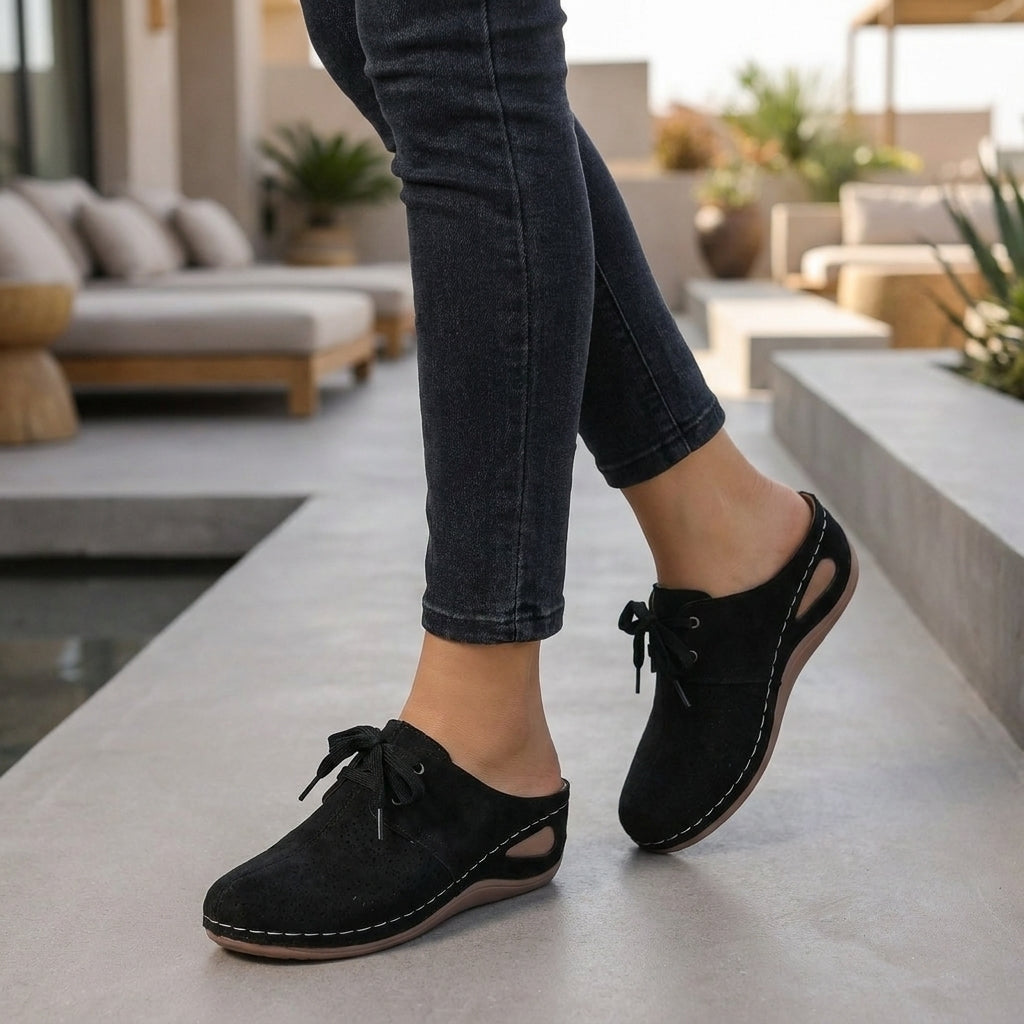 Lace-up Wedge Mules with Perforated Detail and Contrast Stitching