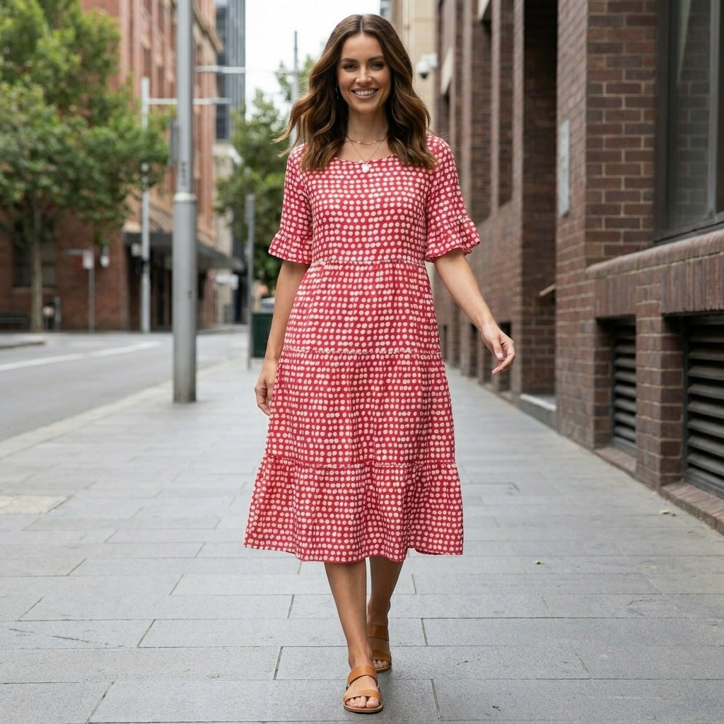 Soft Mosaic Print Tiered Midi Dress