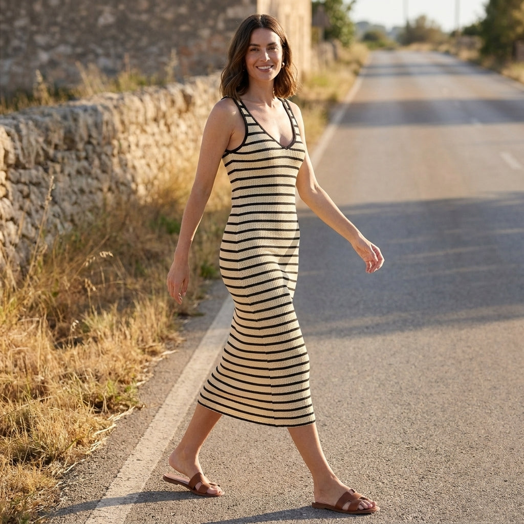 Sunlit Riviera Striped Bodycon Knit Maxi Dress