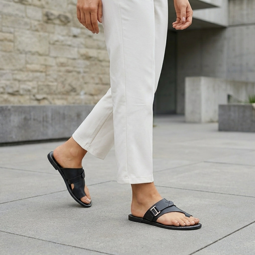 Cross Strap Toe Loop Slide Sandals with Buckle Detail