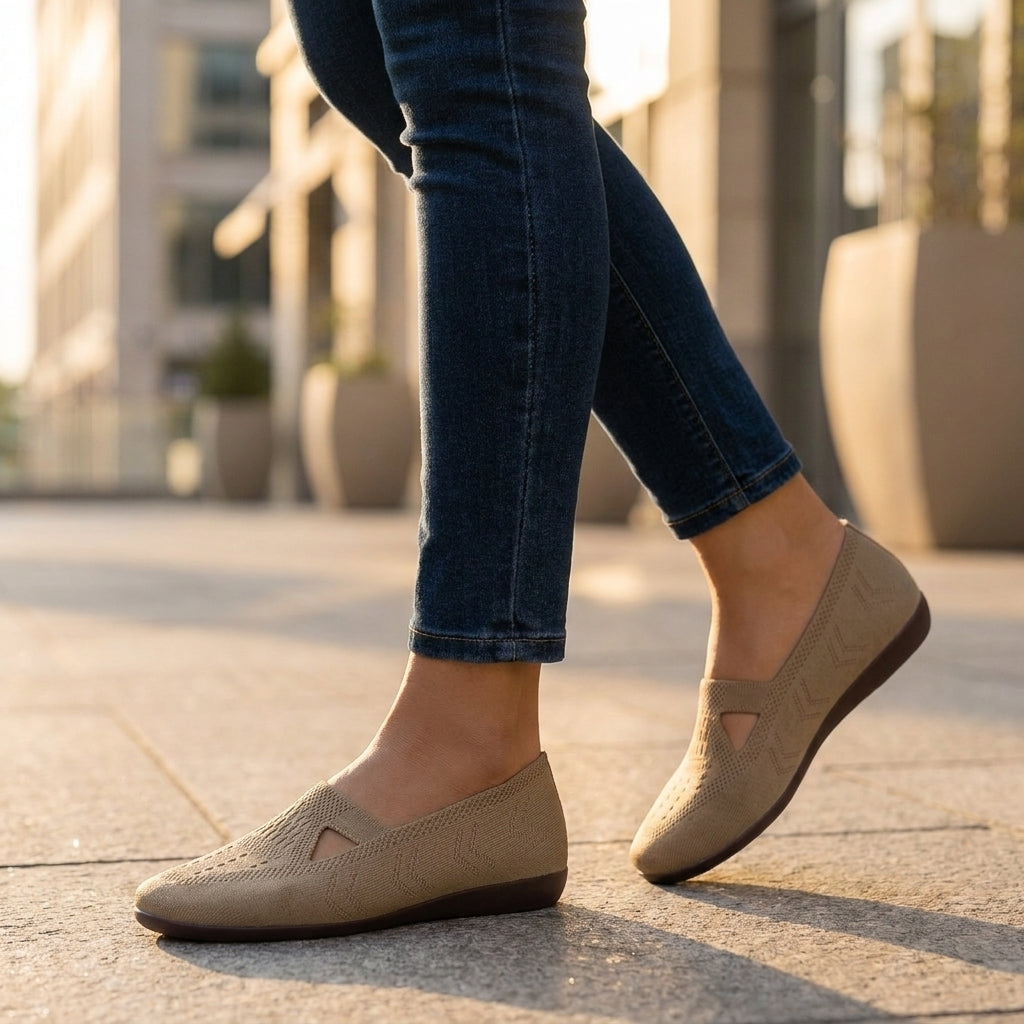 Fly-Knit Low-Cut Flats with Breathable Textured Knit and Hollow-Out Detailing