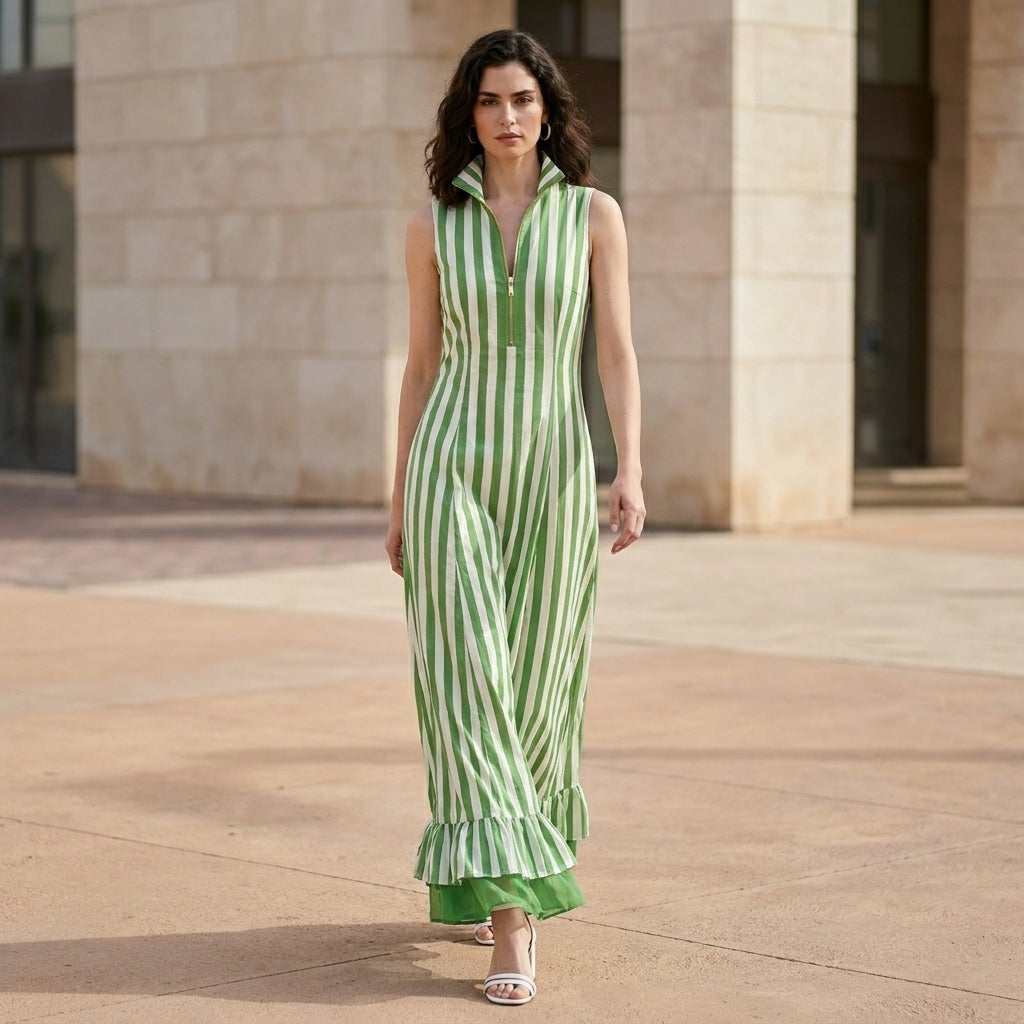 Resort Stripe Sleeveless Maxi Dress with Ruffle Hem