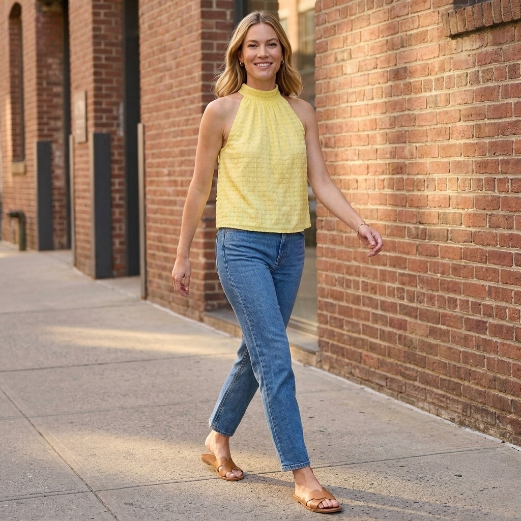 Textured Mock Neck Sleeveless Summer Blouse