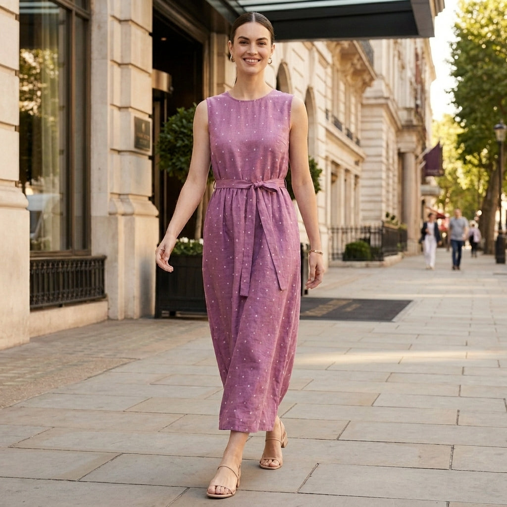 Dusty Rose Polka Dot Midi Dress with Elegant Tie Waist