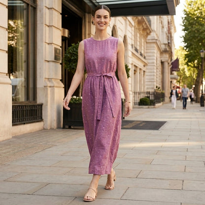 Dusty Rose Polka Dot Midi Dress with Elegant Tie Waist