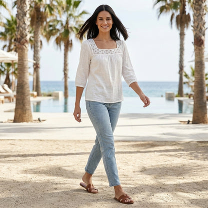 Lace Trim Square Neck Relaxed Blouse