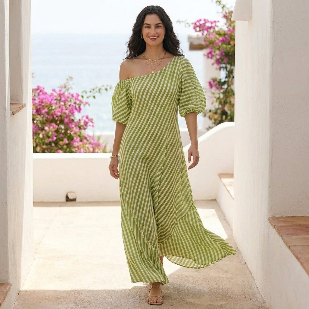 Striped One-Shoulder Maxi Dress with Relaxed Coastal Flow Silhouette