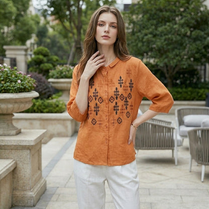 Embroidered Geometric Button-Down Blouse with Stand Collar and Relaxed Fit