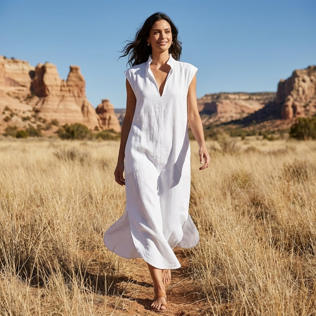 Relaxed Ruffle Collar Midi Dress with Side Pockets