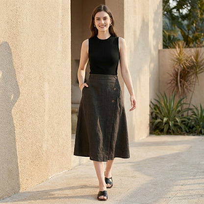 Button Detail Wrap Style Midi Skirt