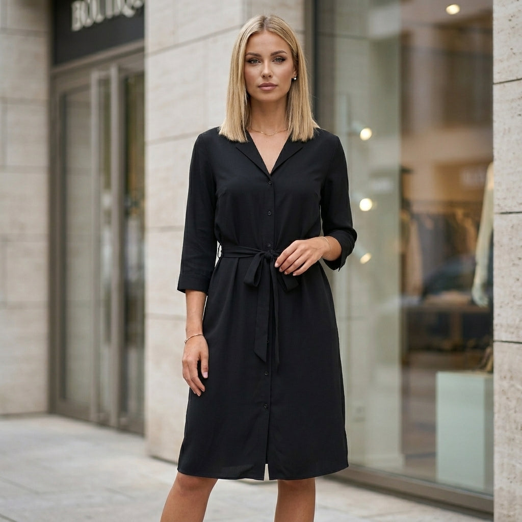 Tailored Knee-Length Shirt Dress with Waist Tie and Side Pockets