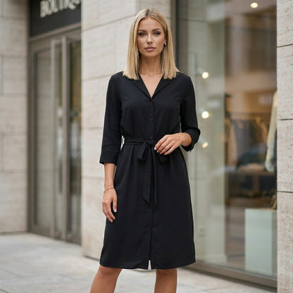Tailored Knee-Length Shirt Dress with Waist Tie and Side Pockets