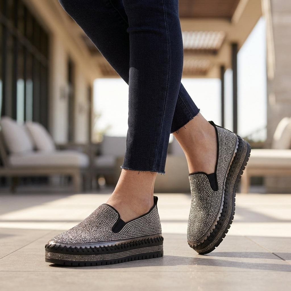 Slip-On Loafers with Rhinestone Embellishment and Platform Sole