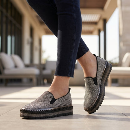 Slip-On Loafers with Rhinestone Embellishment and Platform Sole