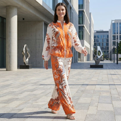 Botanical Zip-Front Top and Wide-Leg Pants Ensemble