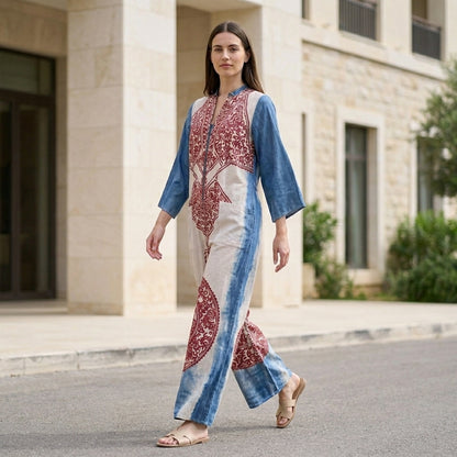 Bohemian Printed Caftan Jumpsuit with Flowing Wide Leg Silhouette