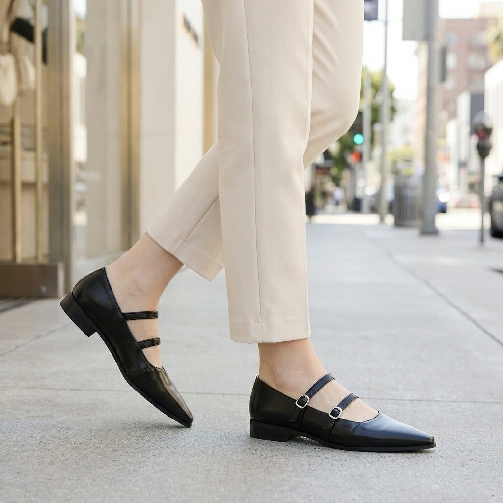Structured Pointed-Toe Flats with Dual Buckle Straps and Low Heel