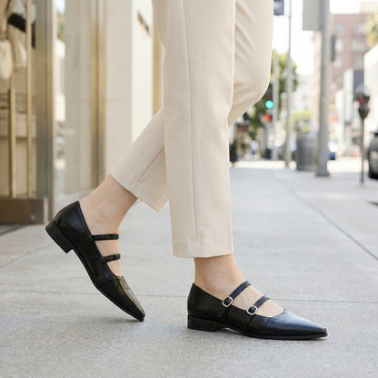 Structured Pointed-Toe Flats with Dual Buckle Straps and Low Heel