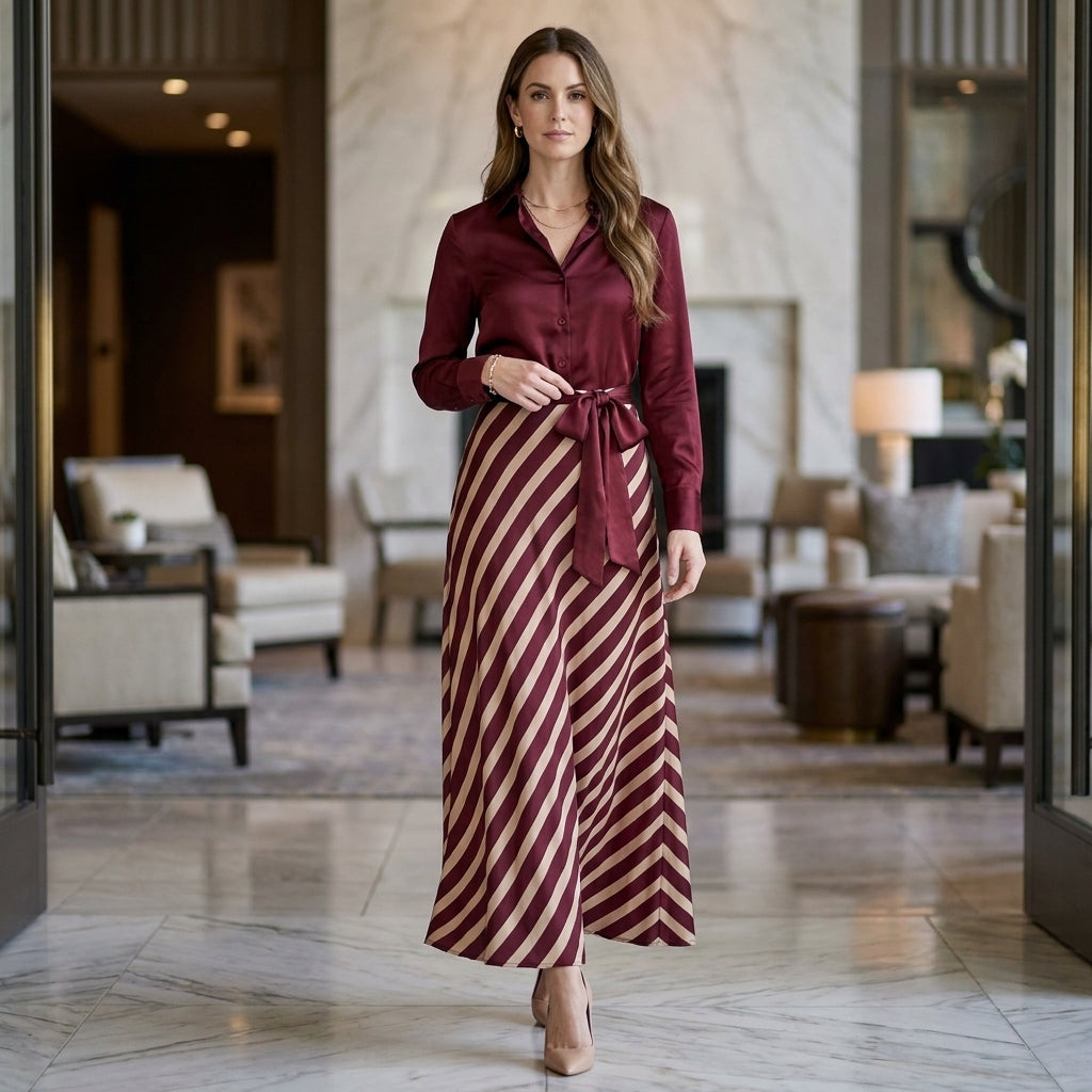 Elegant Shirt-Style Maxi Dress with Pleated Skirt and Waist Tie