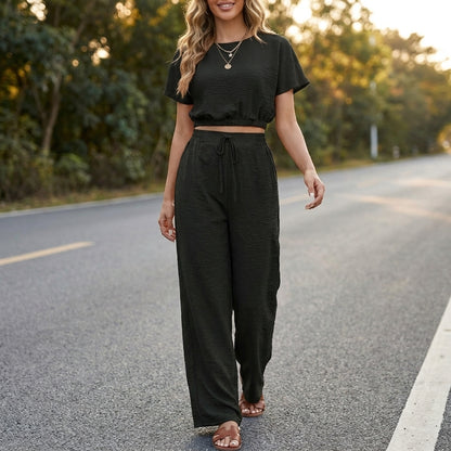 Coastal Breeze Textured Two-Piece Lounge Set with Wide-Leg Pants