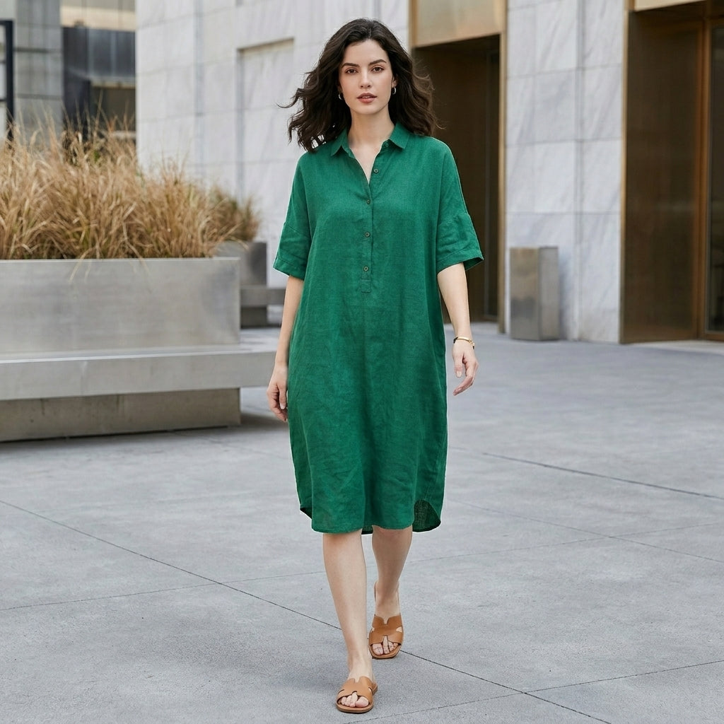 Relaxed Button-Front Midi Tunic Dress with Side Pockets