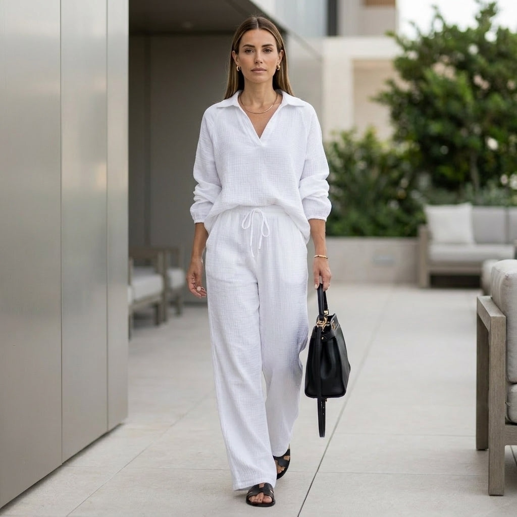 Oversized Two-Piece Crinkle-Texture Suit with Relaxed Silhouette and Drawstring Waist