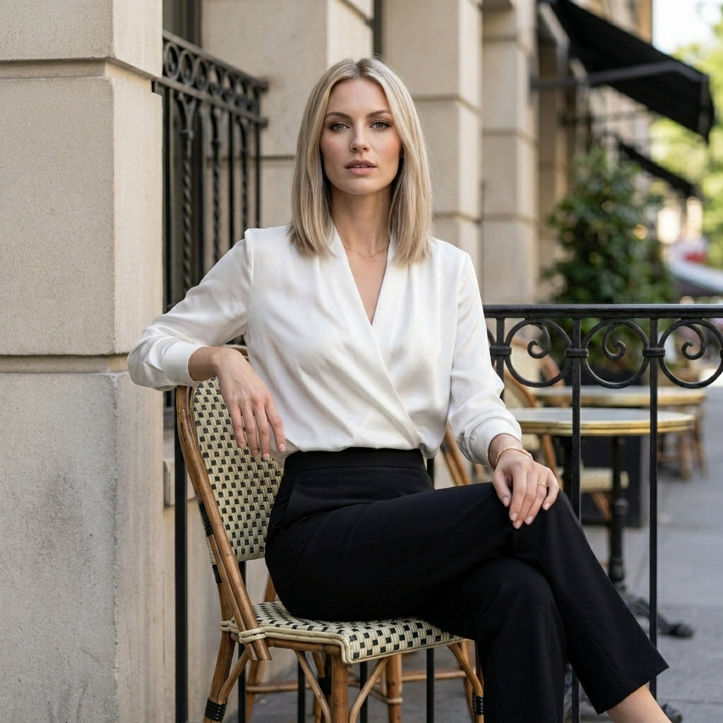 Minimalist V-Neck Blouse with Relaxed Long Sleeves