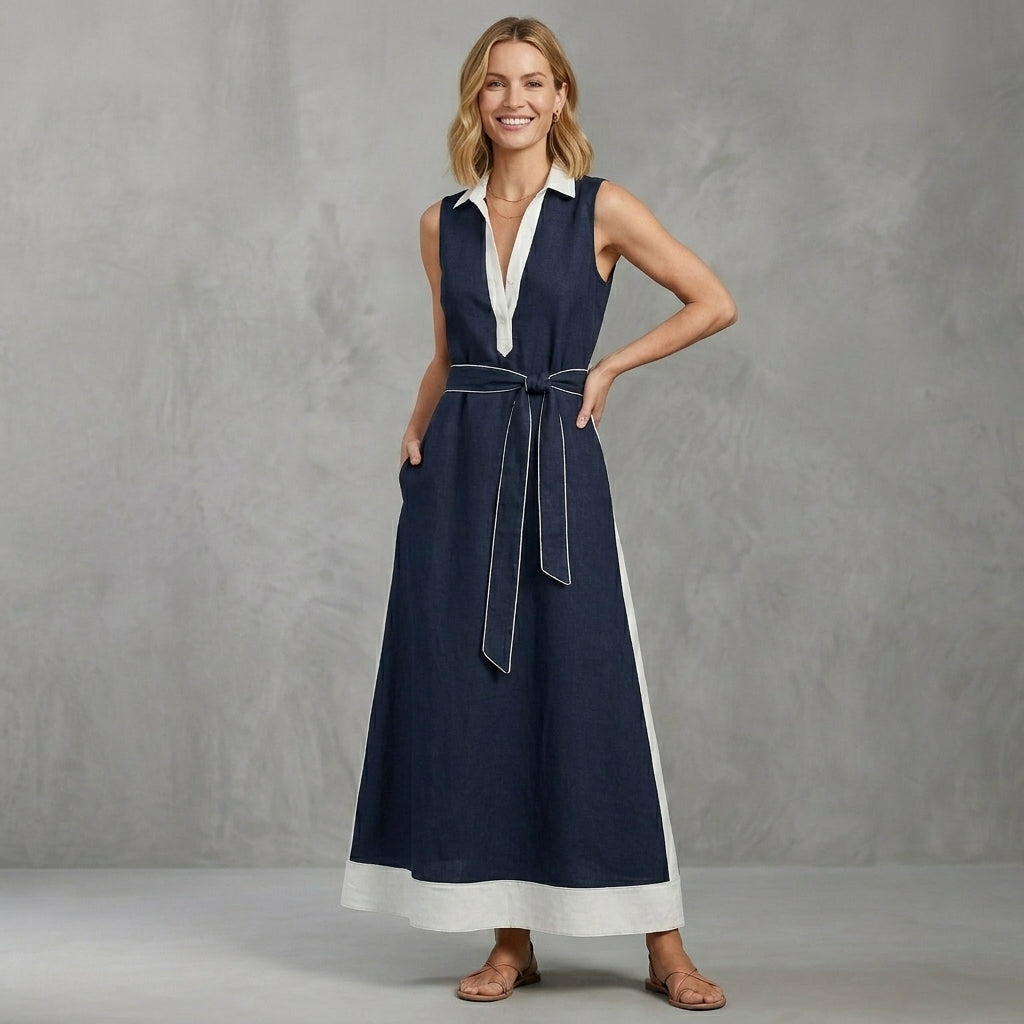 A-Line Maxi Dress with Belted Waist and Contrast Lapel
