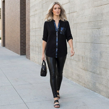 Relaxed Button-Front Statement Pocket Blouse