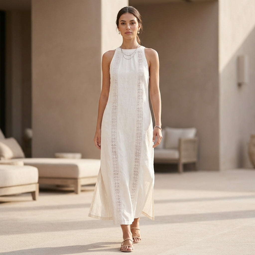 Relaxed Sleeveless Maxi Dress with Vertical Embroidered Panels and Side Slits