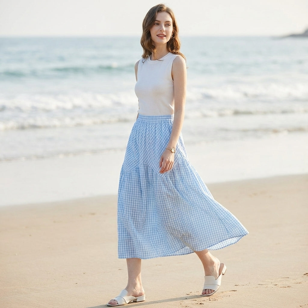 Checkered Tiered Maxi Skirt with Flowing Coastal Silhouette
