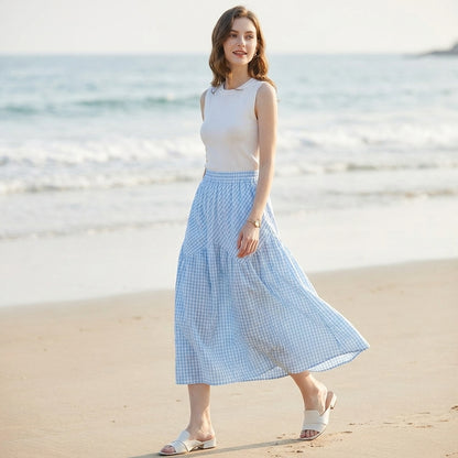 Checkered Tiered Maxi Skirt with Flowing Coastal Silhouette