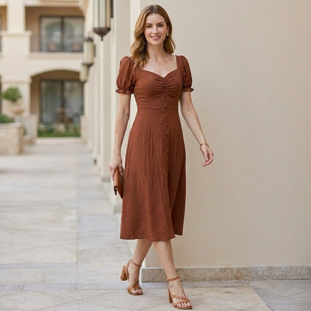 Sunset Muse Puff Sleeve Sweetheart Midi Dress