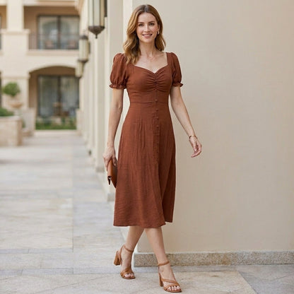 Sunset Muse Puff Sleeve Sweetheart Midi Dress