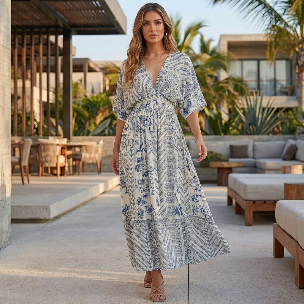 Flowing Printed V-Neck Maxi Dress with Flutter Sleeves and Slit