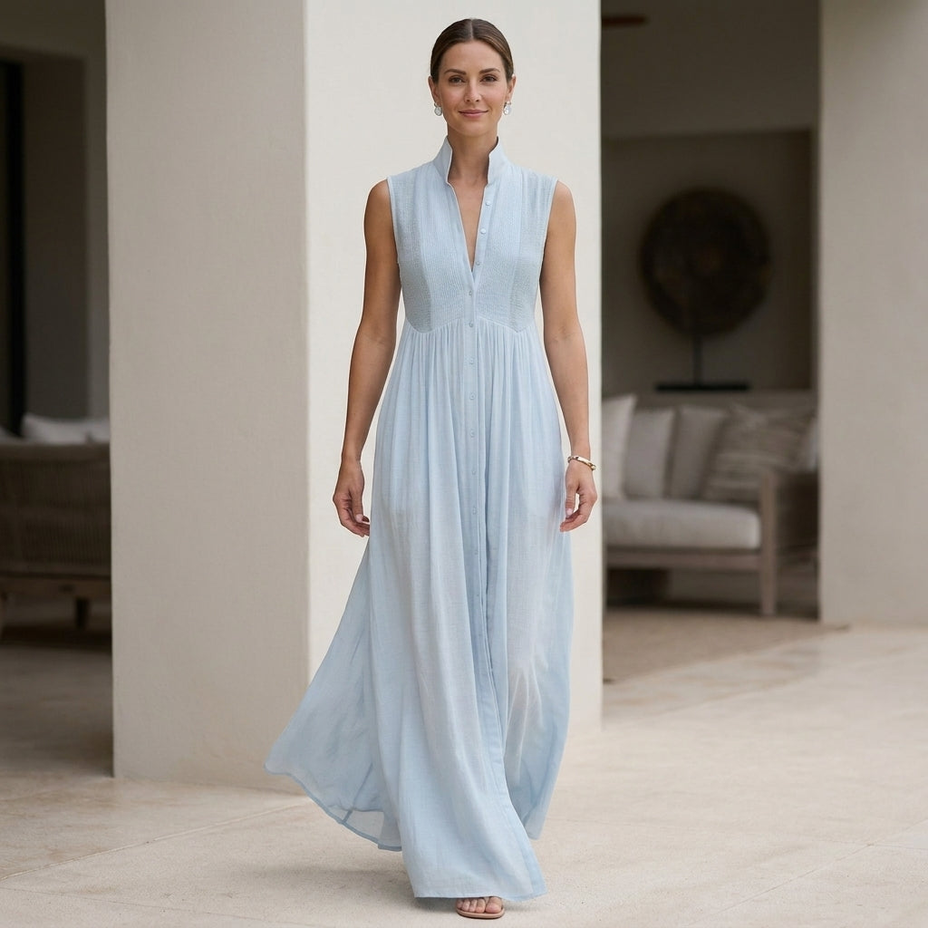 Flowing Sleeveless Maxi Dress with Stand Collar and Pleated Waist