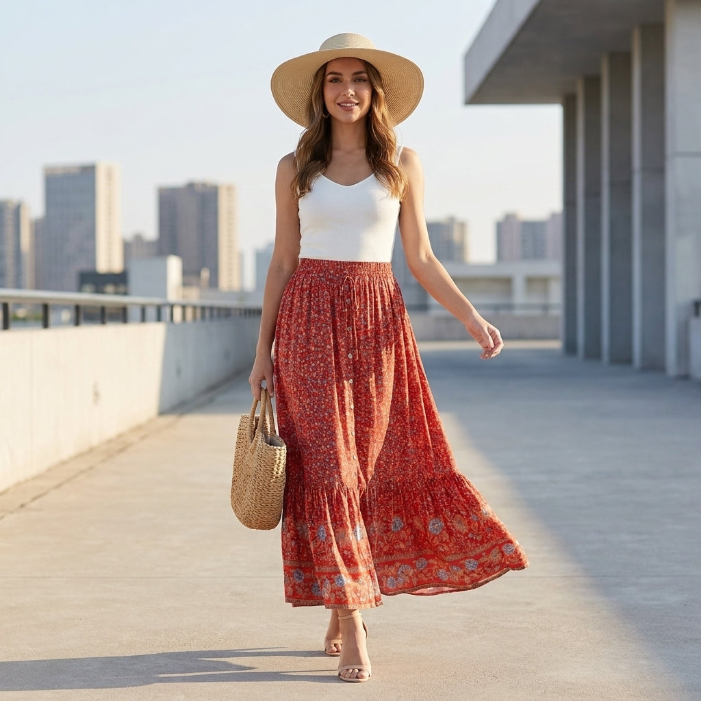 Bohemian Floral Maxi Skirt with Tiered Hem Detail