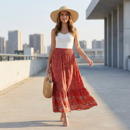 Bohemian Floral Maxi Skirt with Tiered Hem Detail