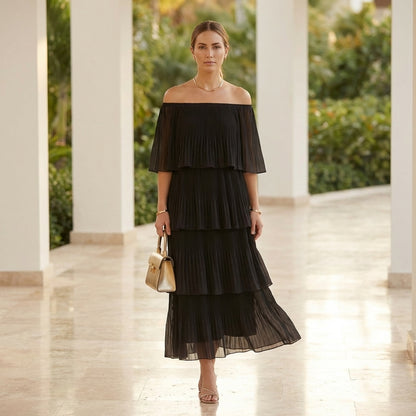 Flowing Off-Shoulder Maxi Dress with Sheer Tiered Accordion Pleats