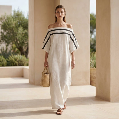 Oversized Off-Shoulder Striped Maxi Dress with Draped Sleeves