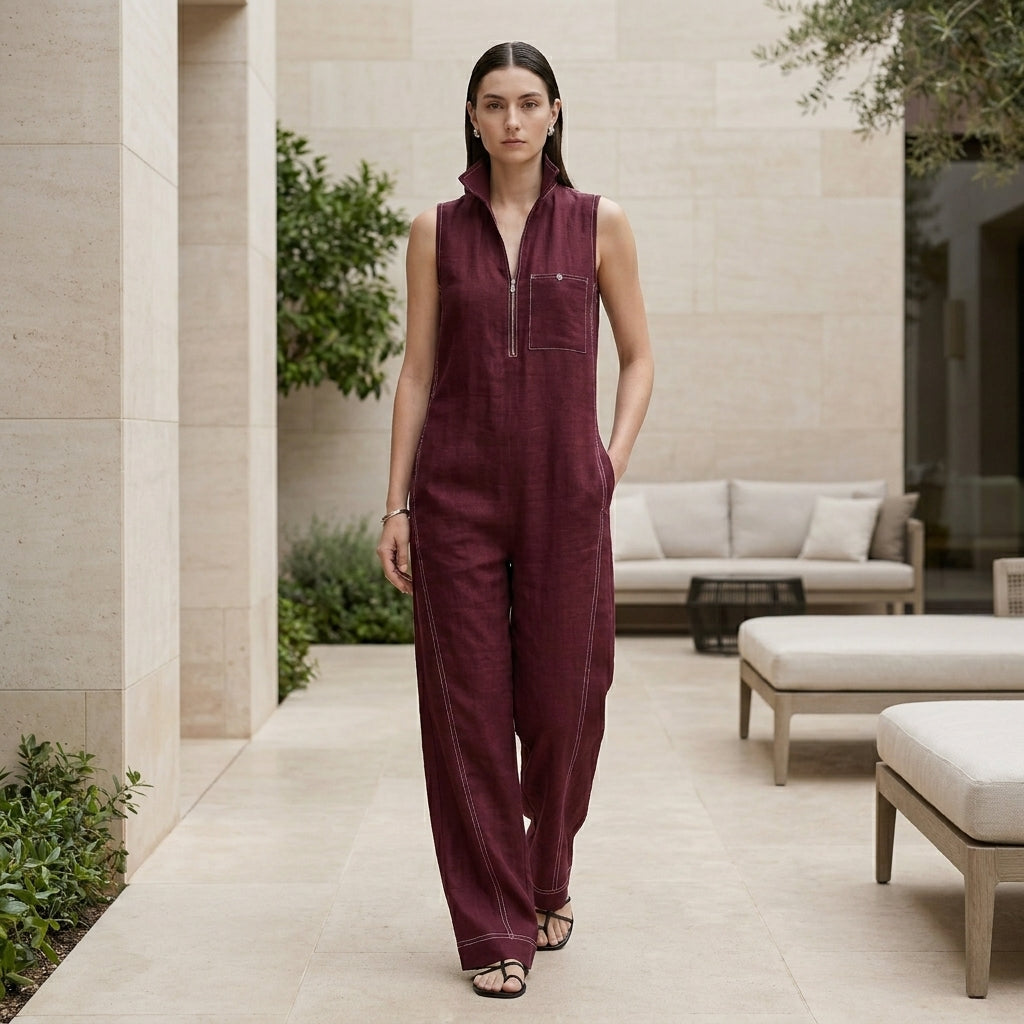 Relaxed Wide-Leg Sleeveless Jumpsuit with Structured Stand Collar